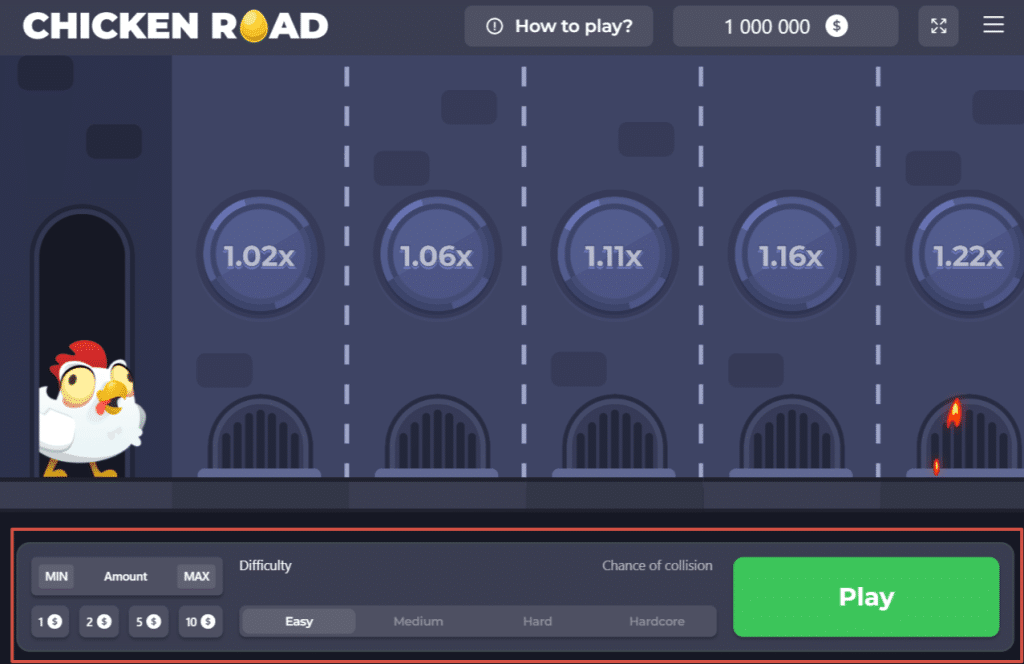 A screenshot of the Chicken Road game interface showing the chicken, multiplier ladder, and controls.